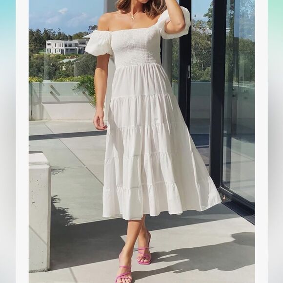 Zesica Square Neck Short Puff Sleeve Smocked Flowy A-line Tiered Midi Dress - Picture 2 of 13